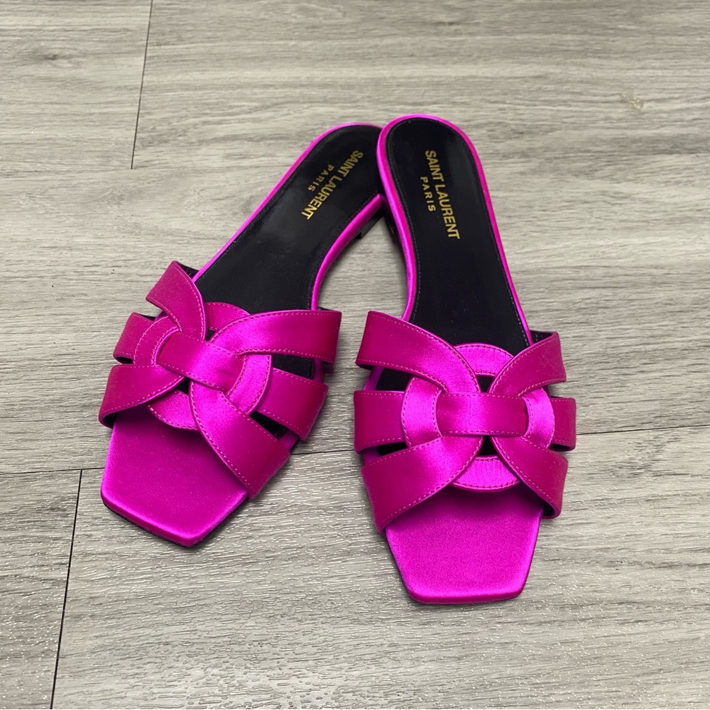 RARE Like New Saint Laurent Fuchsia Satin Nu Pieds Slide Sandals size 37.5 - Picture 2 of 9